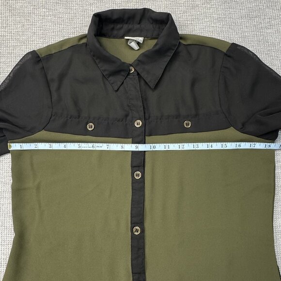 Vanity Womens Green Black Colorblock Semi Sheer Blouse Roll-tab Sleeve Sz Small - Picture 11 of 16